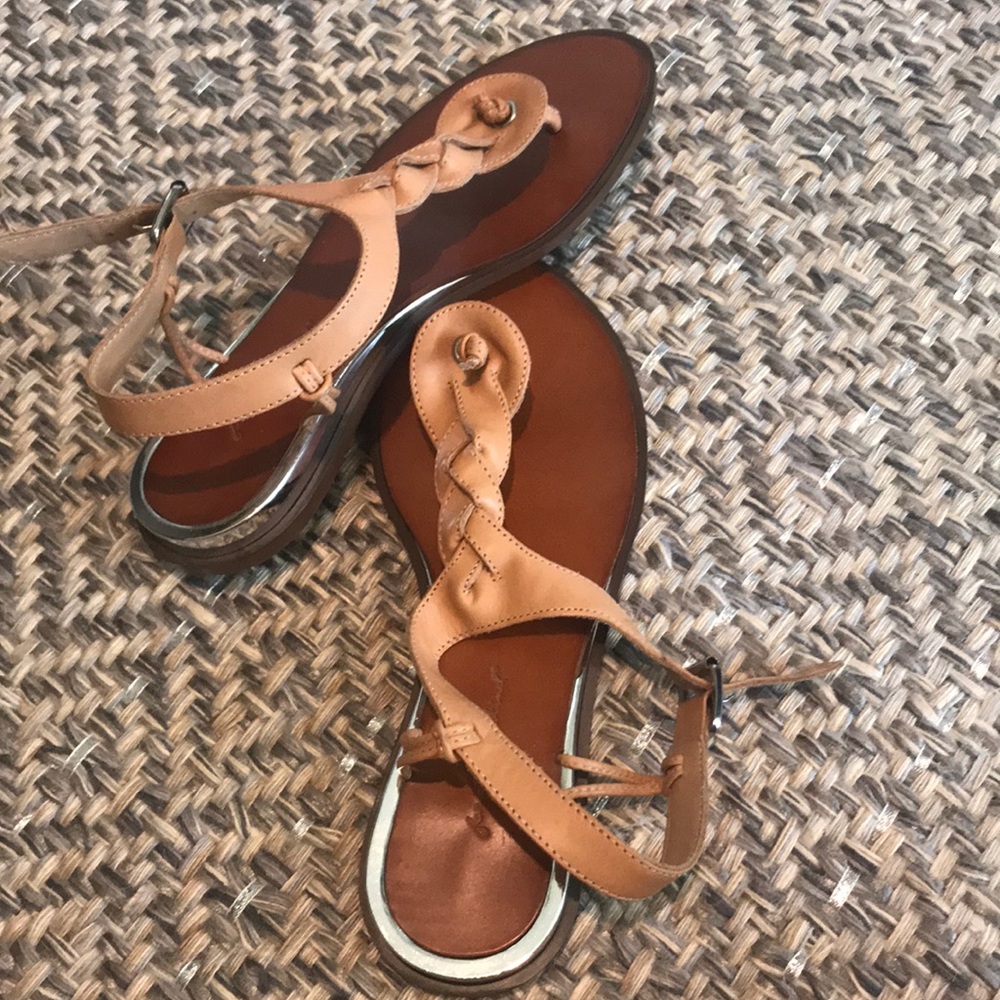 7 For All Mankind Tan + Silver Sandals